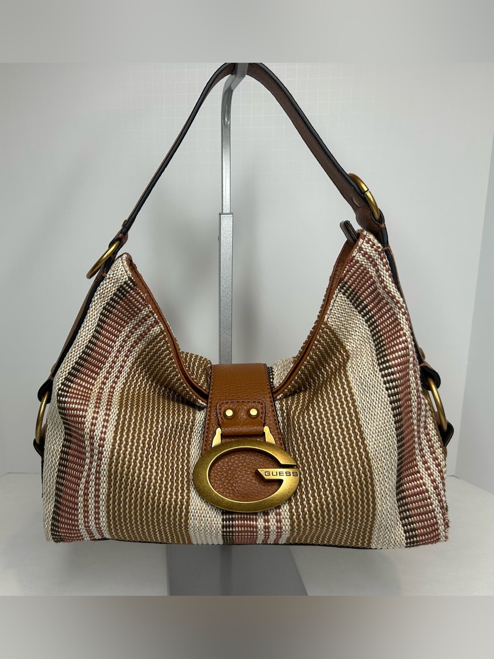 GUESS Camden Shoulder Handbag; Brown & Cream Striped Hobo Bag